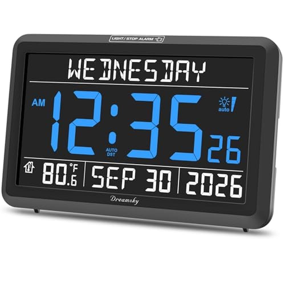 DreamSky Digital Clock: Large Calendar Clock for Seniors – Front View