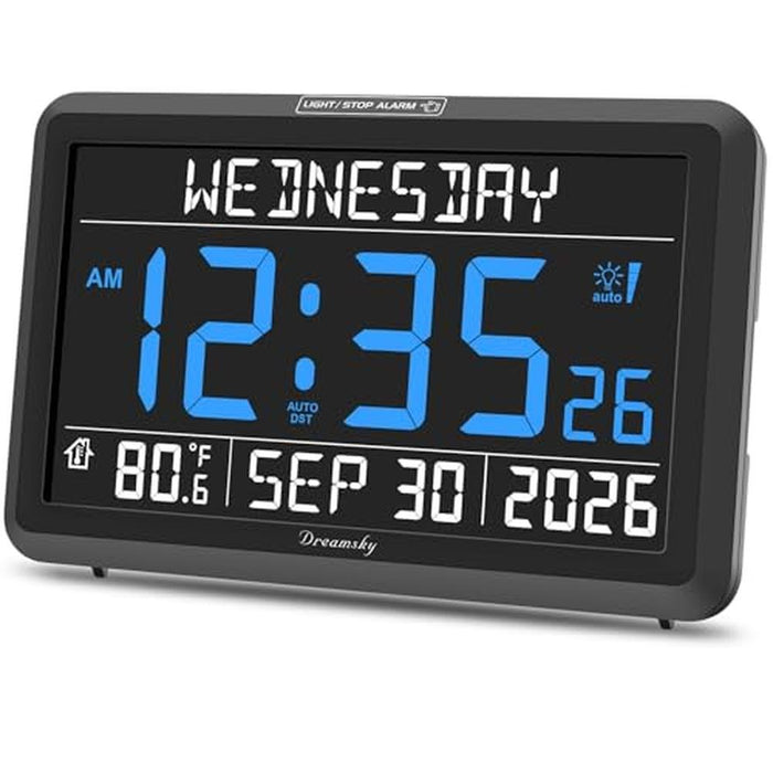 DreamSky Digital Clock: Large Calendar Clock for Seniors – Front View