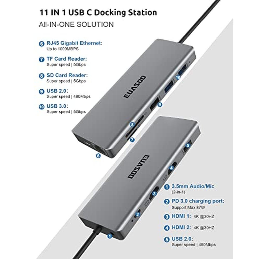 Euasoo Triple Display USB-C Docking Station – Side View