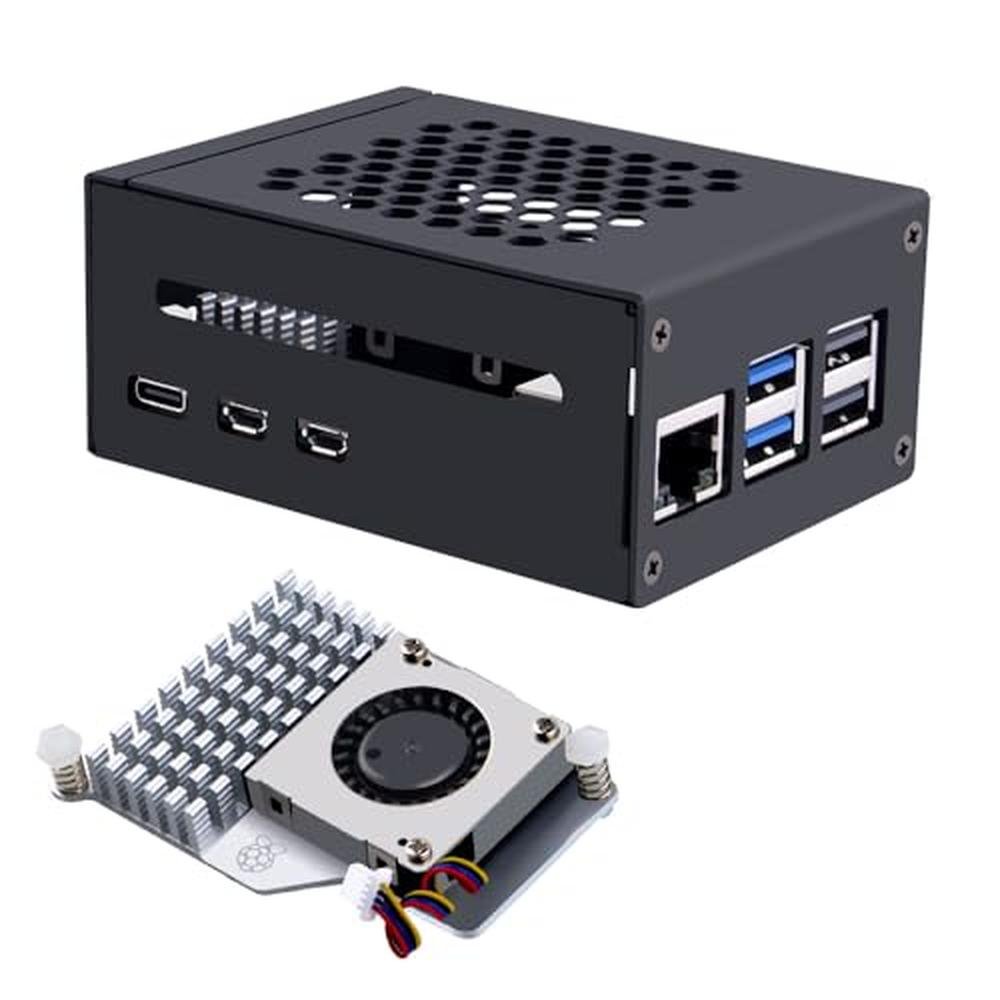 Raspberry Pi 5 Case: GeeekPi Metal Case with Active Cooler – Front View