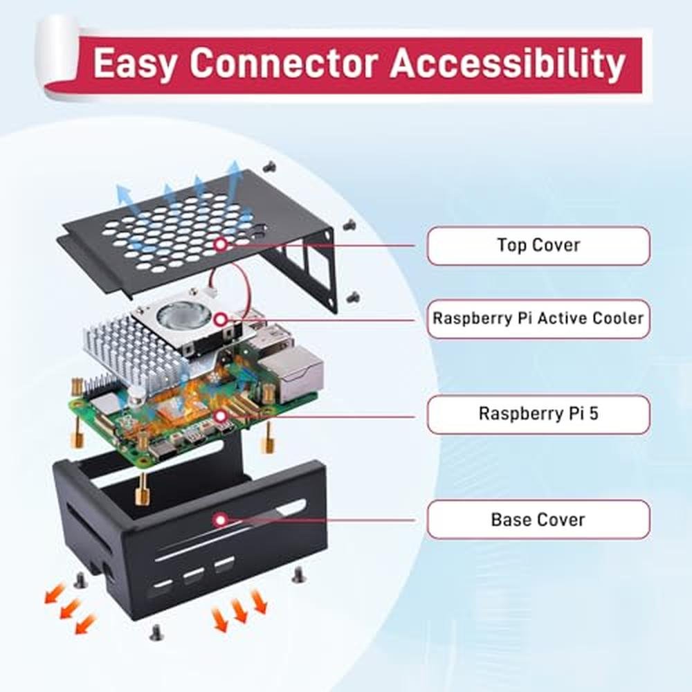 Raspberry Pi 5 Case: GeeekPi Metal Case with Active Cooler – Close-up Detail