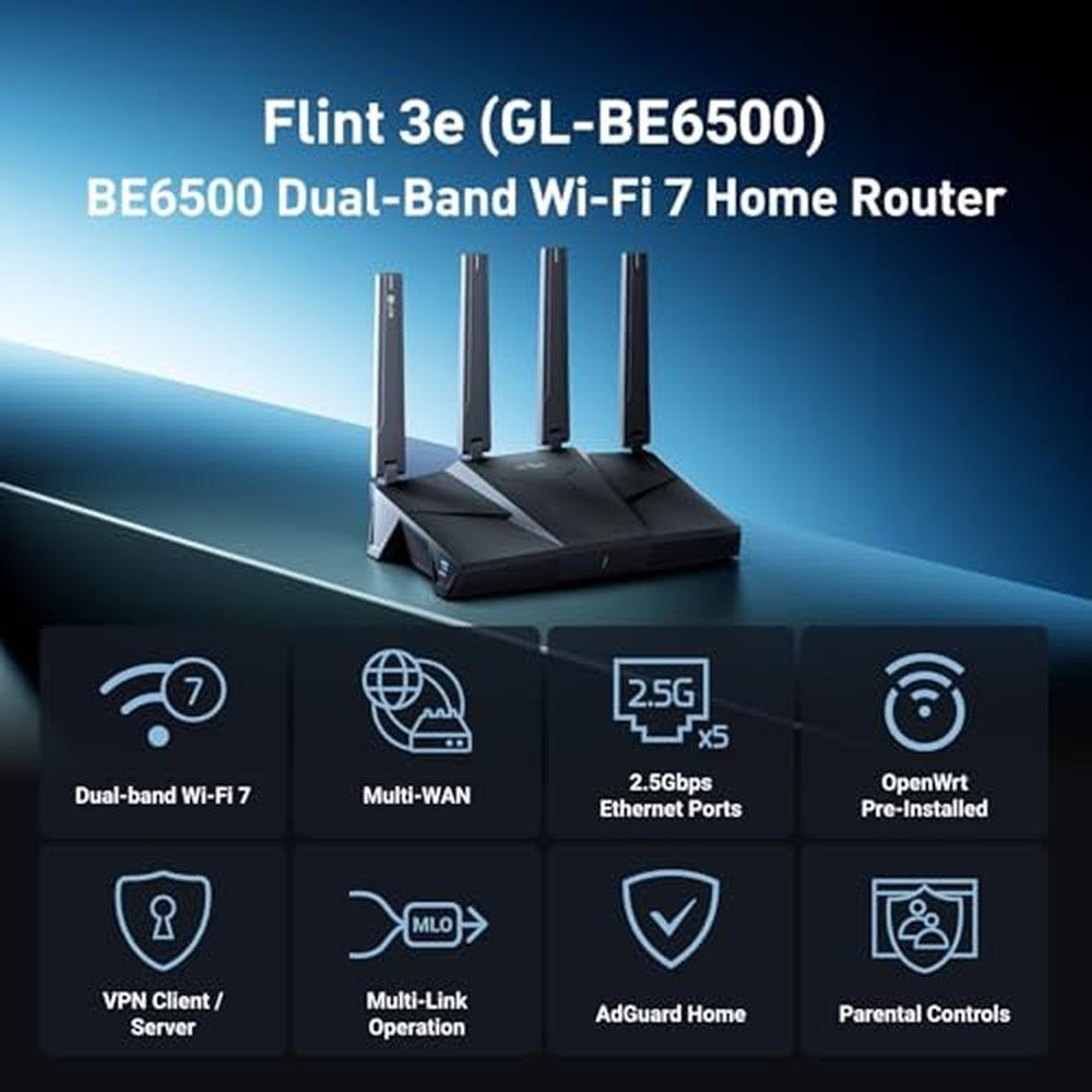 GL.iNet GL-BE6500 (Flint 3e) WiFi 7 Router – Side View