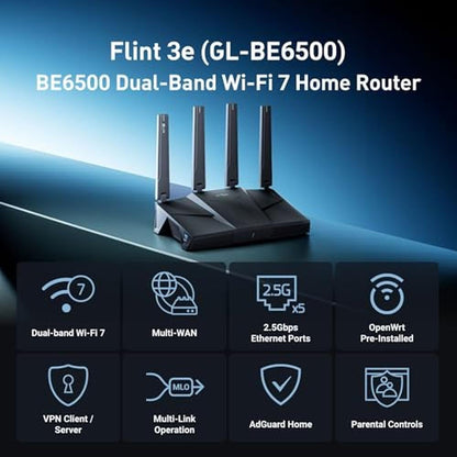 GL.iNet GL-BE6500 (Flint 3e) WiFi 7 Router – Side View