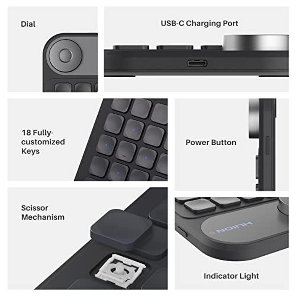 HUION Keydial Mini: Bluetooth Programmable Keypad with 5 – Side View