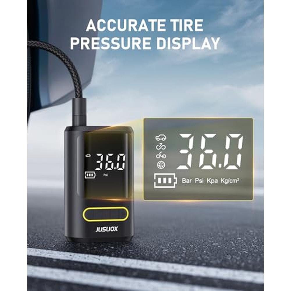 Air Pump: JUSUOX Tire Inflator Portable Air Compressor – In Use