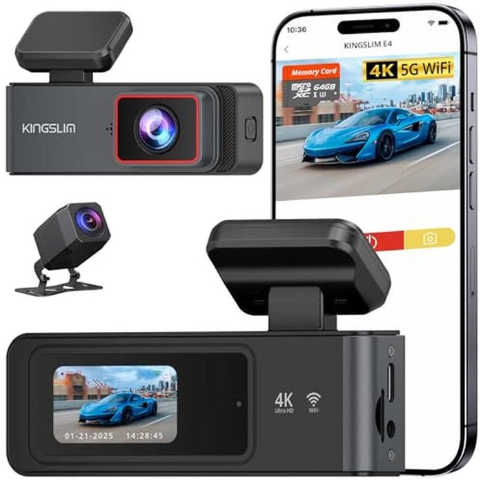 Kingslim Dash Cam: 4K Front and Rear Camera with 64GB SD – Front View