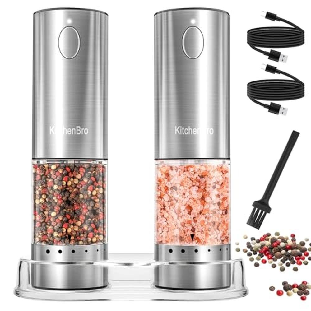 Salt Pepper Grinder Set: Electric Stainless Steel Auto – Front View