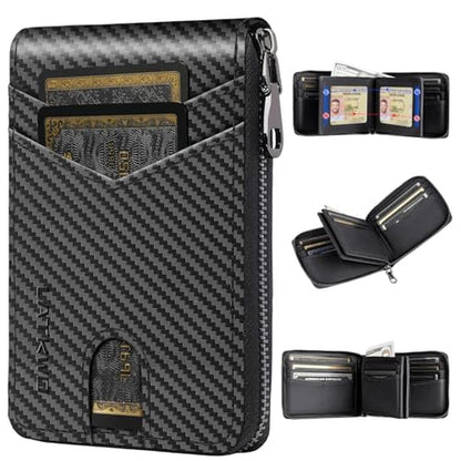 LATKWO Mens RFID Blocking Zipper Wallet with 2 ID Windows – Front View