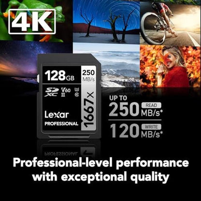 Professional Lexar: Lexar 128GB 1667X SD Card UHS-II C10 U3 – Side View