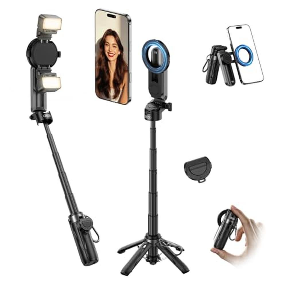 Magnetic Phone: Mini Phone Selfie Stick with 2 Fill Light – Front View