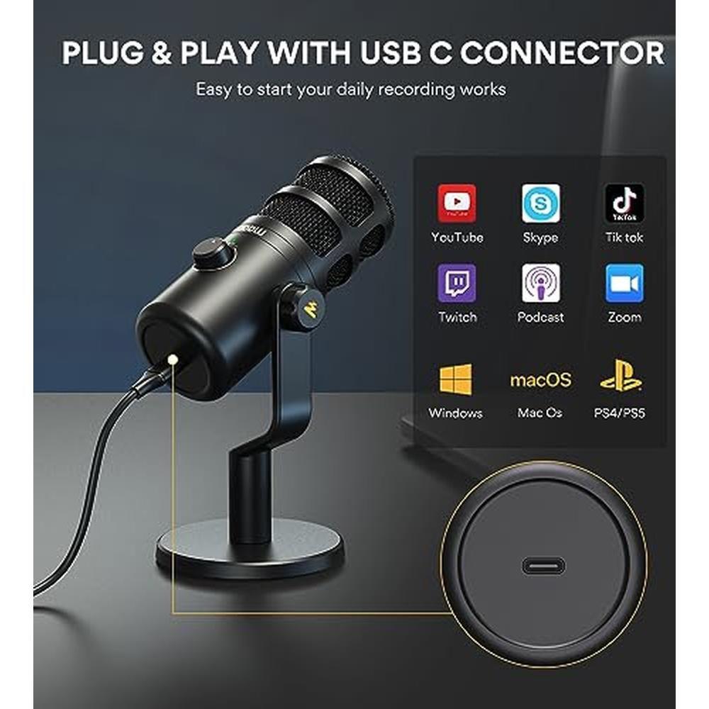 MAONO USB Dynamic Microphone: Podcast Recording Microphone – Side View