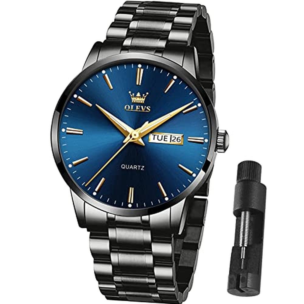 Watch Watches for Men: Blue Face Black Stainless Steel – Front View