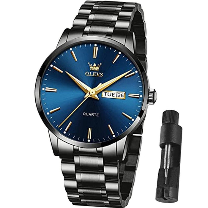 Watch Watches for Men: Blue Face Black Stainless Steel – Front View