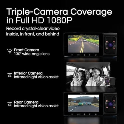 Minolta Dash Camera 3-Channel 1080P Car DVR with Rear & – Side View