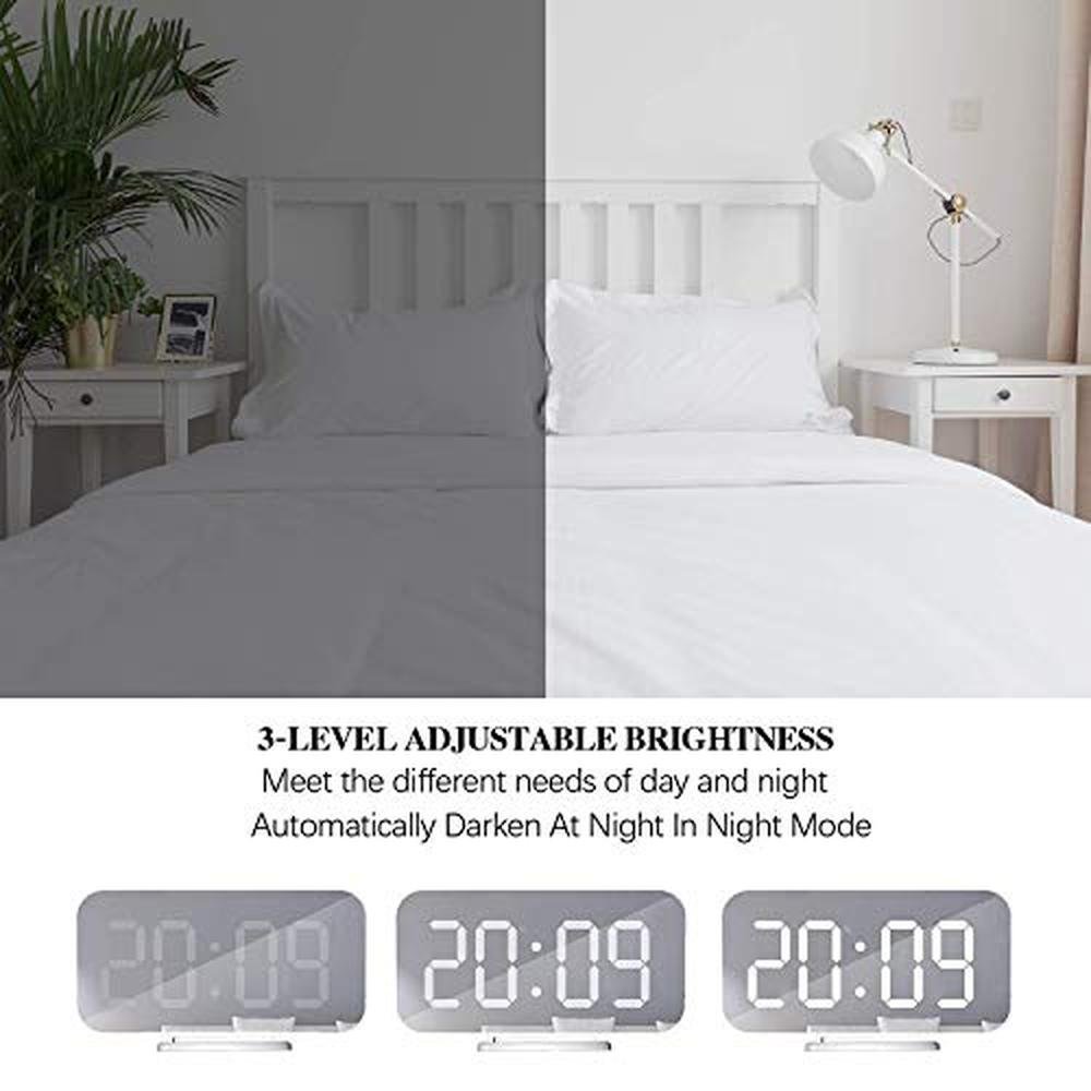 Digital Alarm Clock: Miowachi White LED Mirror Clock – Close-up Detail