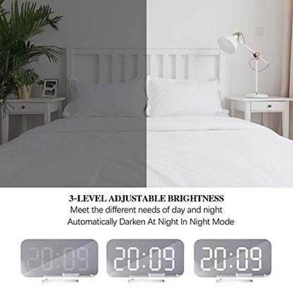 Digital Alarm Clock: Miowachi White LED Mirror Clock – Close-up Detail