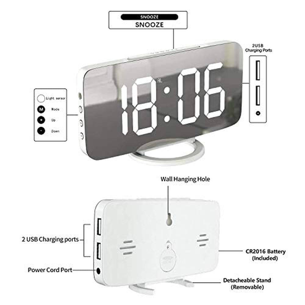 Digital Alarm Clock: Miowachi White LED Mirror Clock – In Use
