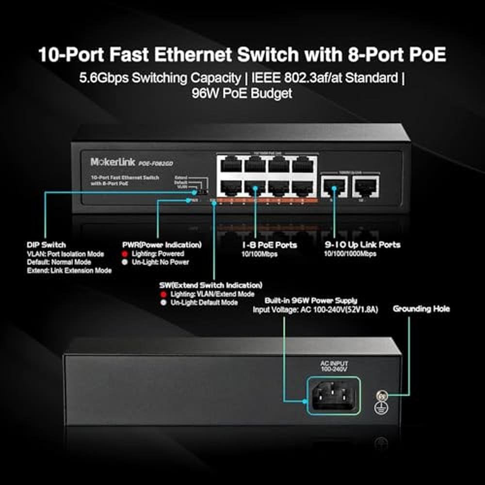 Port PoE Switch: MokerLink 10 Port PoE 8 Port PoE+ 100Mbps – Side View