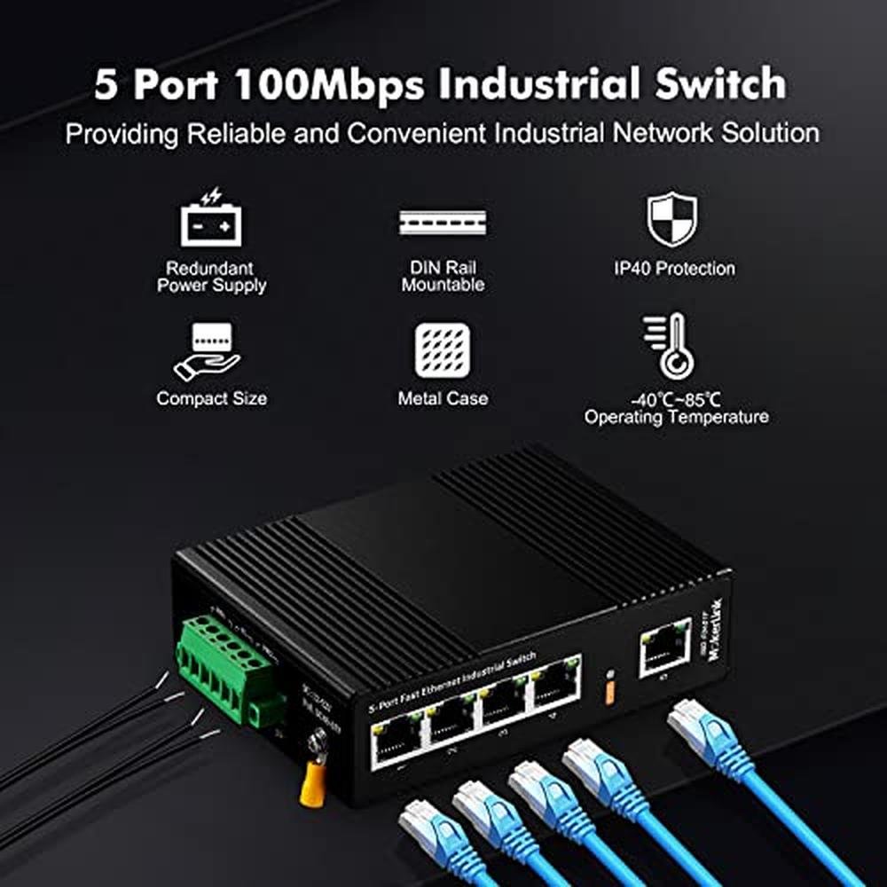 Network Switch: MokerLink 5 Port Industrial DIN-Rail – Side View