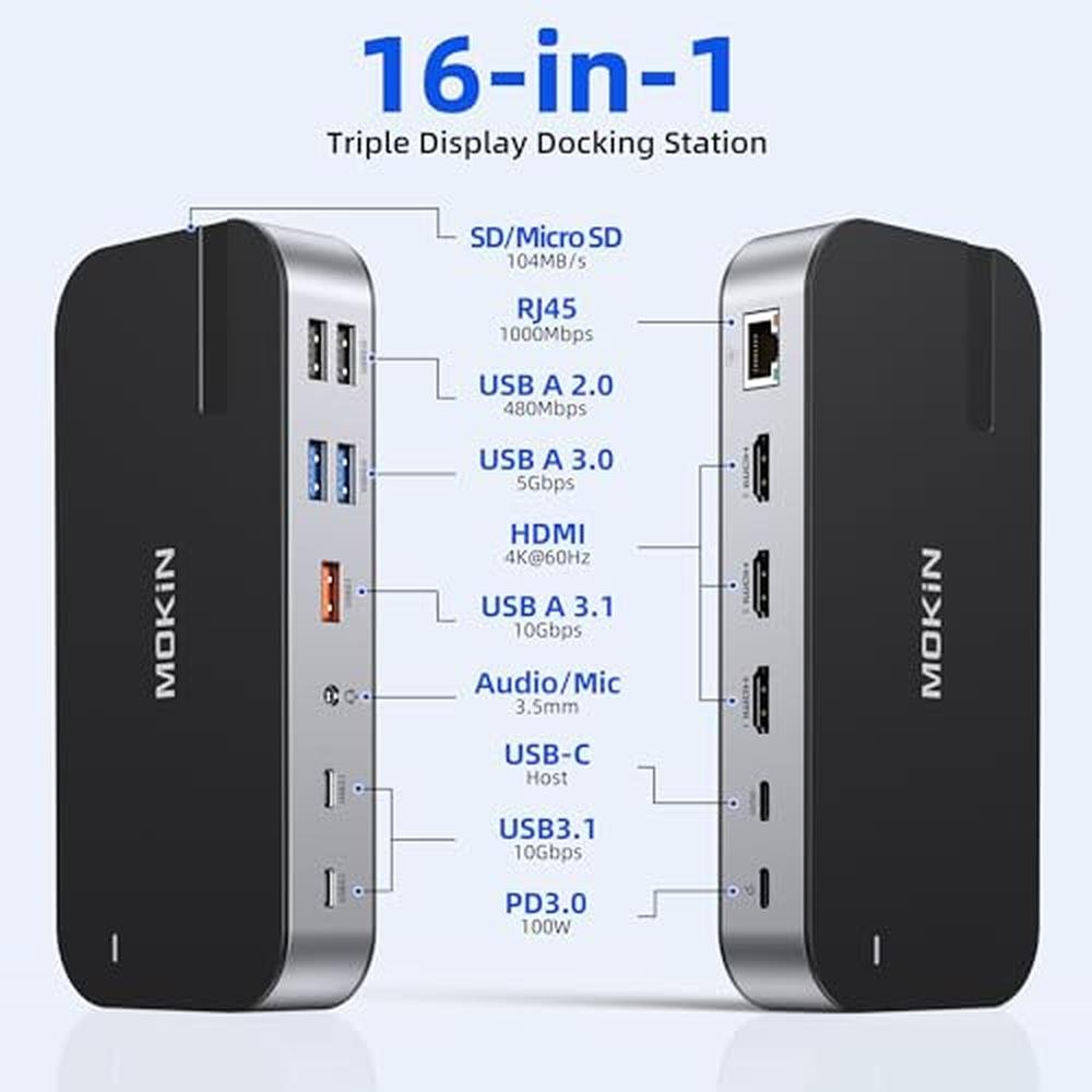 Dock Mokin: MOKiN 16-in-1 Laptop Dock USB-C Triple Monitor – Side View