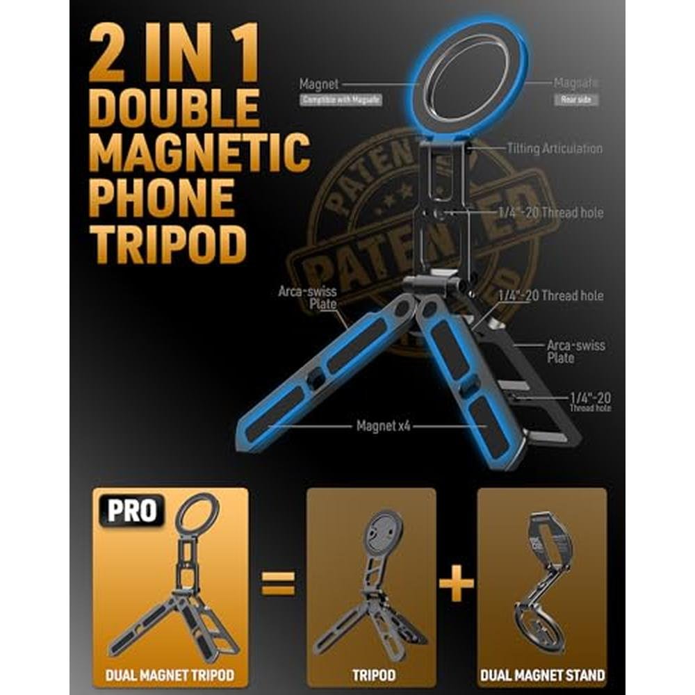 Tripod Magnetic: MOSENVKA Dual Magnetic Phone Tripod – Side View