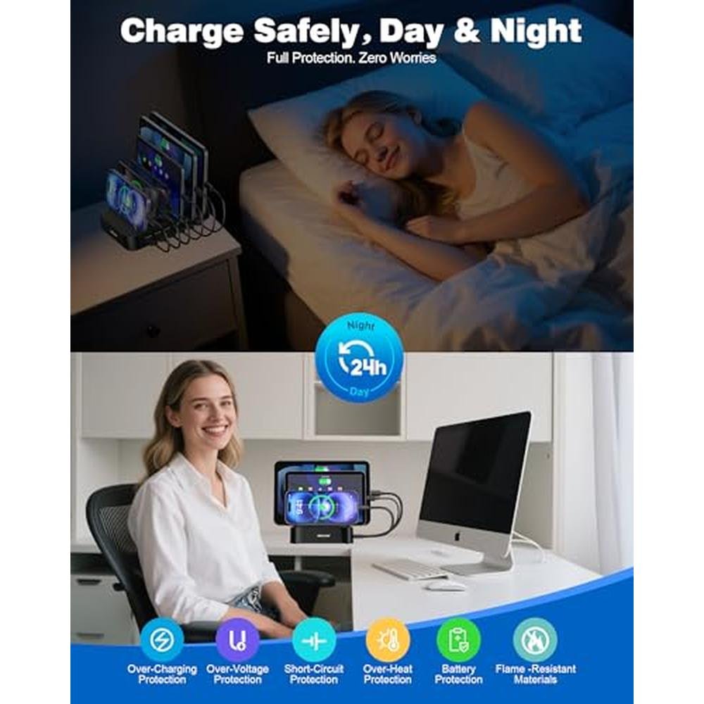 MSTJRY Charging Station for Multiple Devices : 6 Port USB – In Use