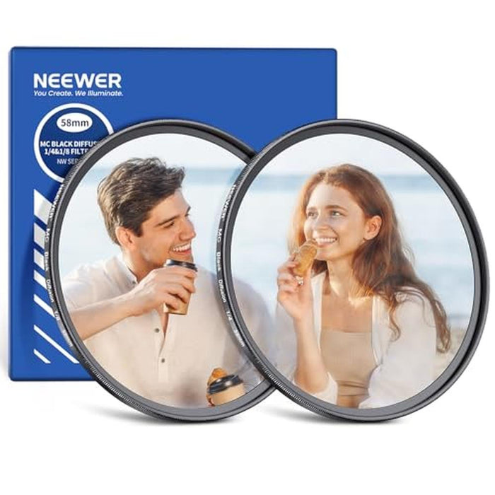 NEEWER 58mm 1/4 & 1/8 Black Diffusion Filter for Mist – Front View