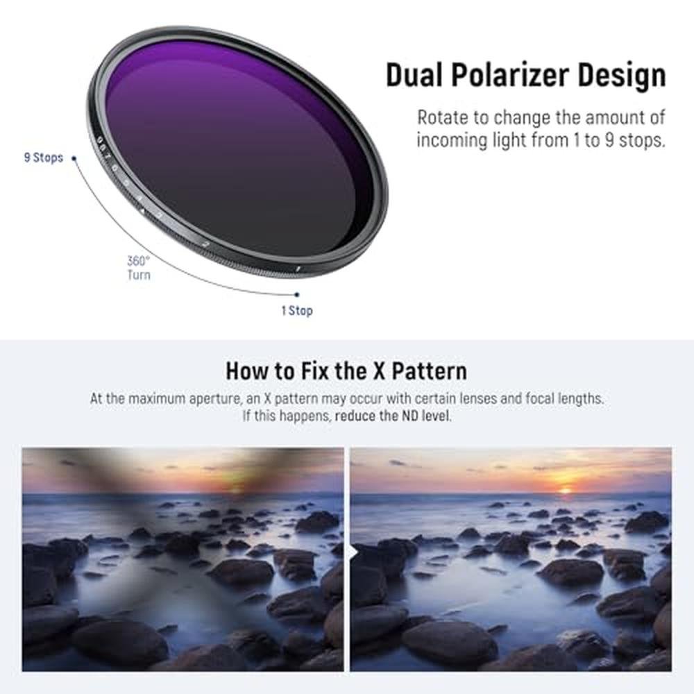 NEEWER 67mm Variable ND Filter ND2-400 (1-9 Stops) with 3X – In Use