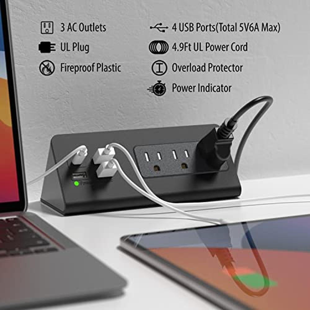 Nightstand Edge Mount Power Strip with USB-C Ports Tabletop – Side View