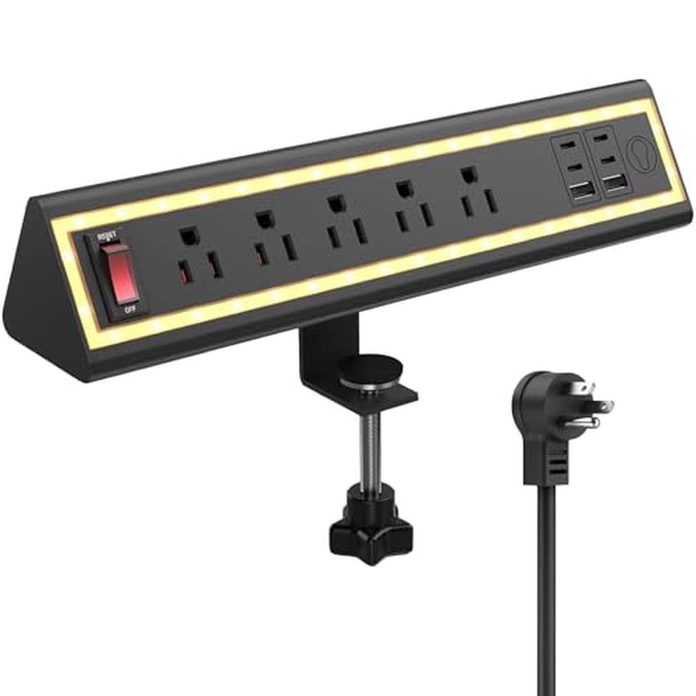 NYYTGE Desk Clamp Power Strip with Nightlight – Front View