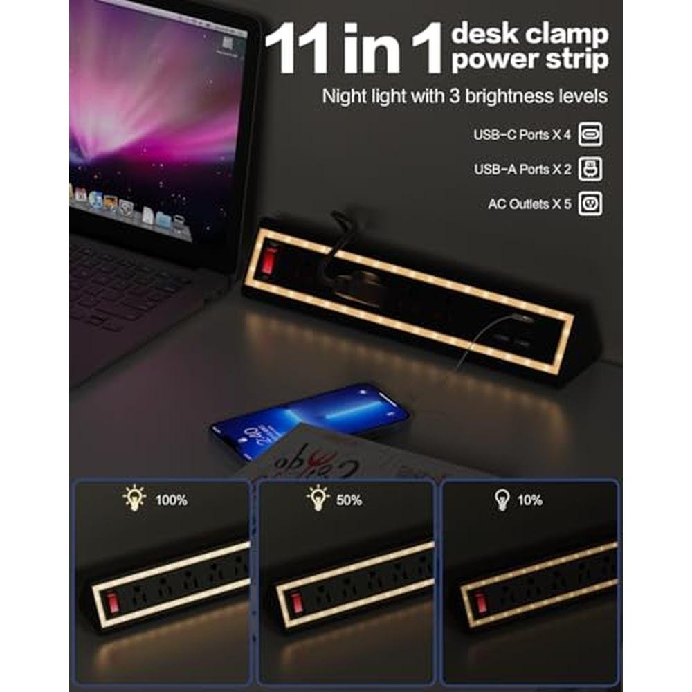 NYYTGE Desk Clamp Power Strip with Nightlight – Side View