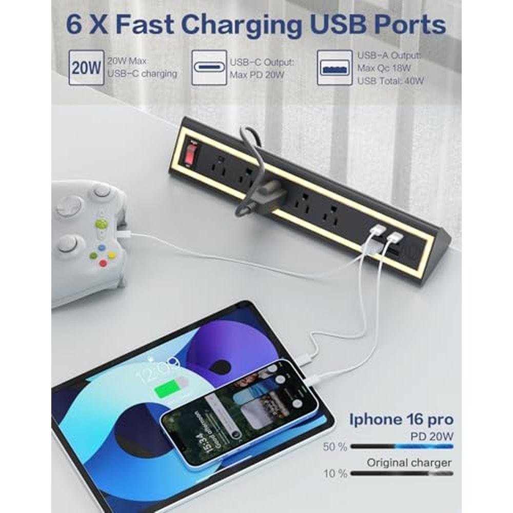 NYYTGE Desk Clamp Power Strip with Nightlight – In Use