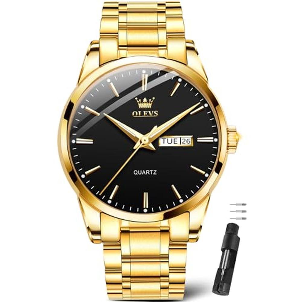 Watch Men: Olevs Black Gold Watch for Men – Front View