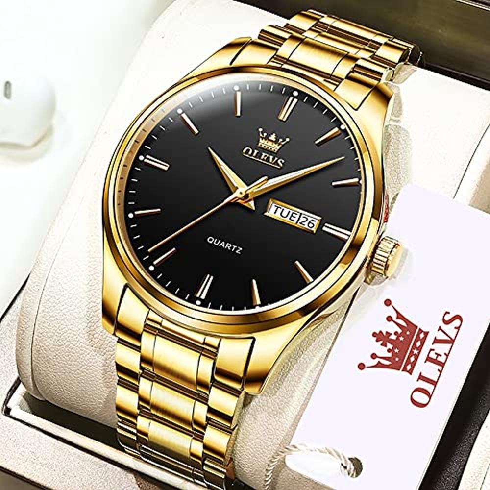 Watch Men: Olevs Black Gold Watch for Men – Side View