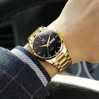 Watch Men: Olevs Black Gold Watch for Men – Close-up Detail