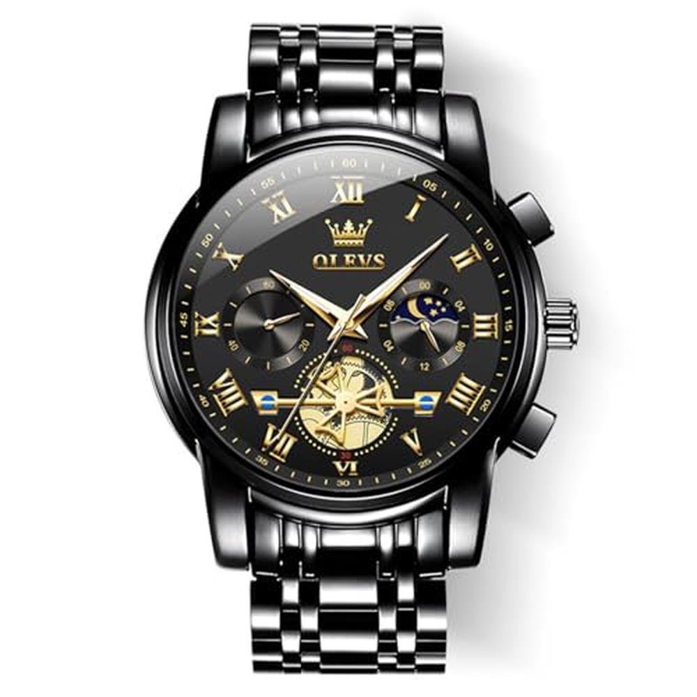 Watches Men: Olevs Black Casual Fashion Big Face Man Watch – Front View