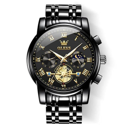 Watches Men: Olevs Black Casual Fashion Big Face Man Watch – Front View