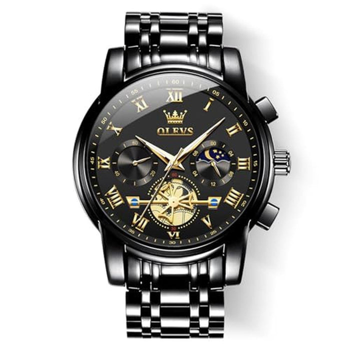 Watches Men: Olevs Black Casual Fashion Big Face Man Watch – Front View