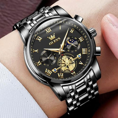 Watches Men: Olevs Black Casual Fashion Big Face Man Watch – Side View