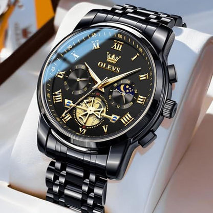 Watches Men: Olevs Black Casual Fashion Big Face Man Watch – Close-up Detail
