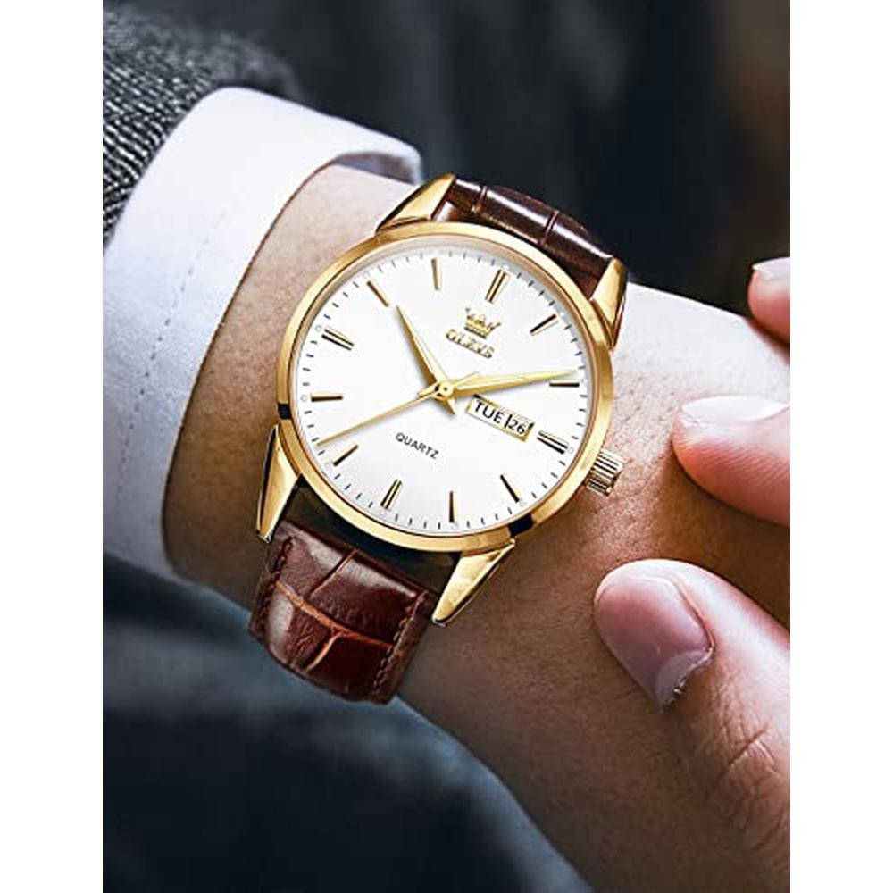 Watches Watch: OLEVS Brown Leather Mens Watches Classic – Close-up Detail