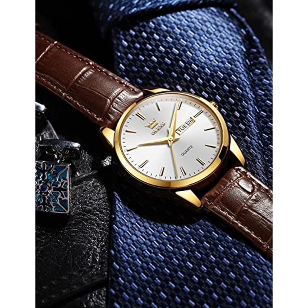 Watches Watch: OLEVS Brown Leather Mens Watches Classic – In Use