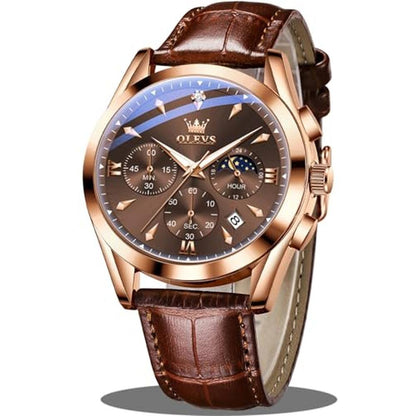 Watches Men: Olevs Brown Classic Multifunction Chronograph – Front View