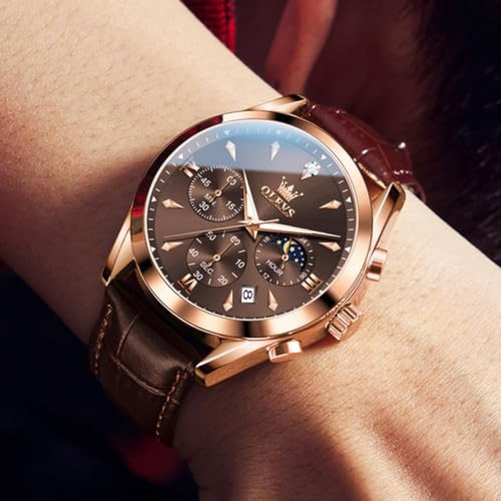 Watches Men: Olevs Brown Classic Multifunction Chronograph – Side View