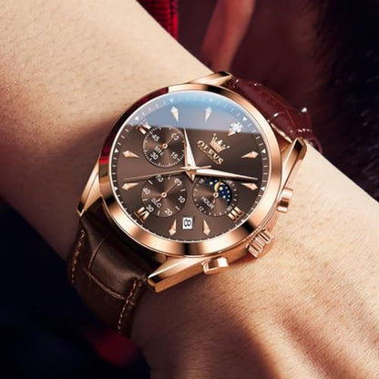 Watches Men: Olevs Brown Classic Multifunction Chronograph – Side View