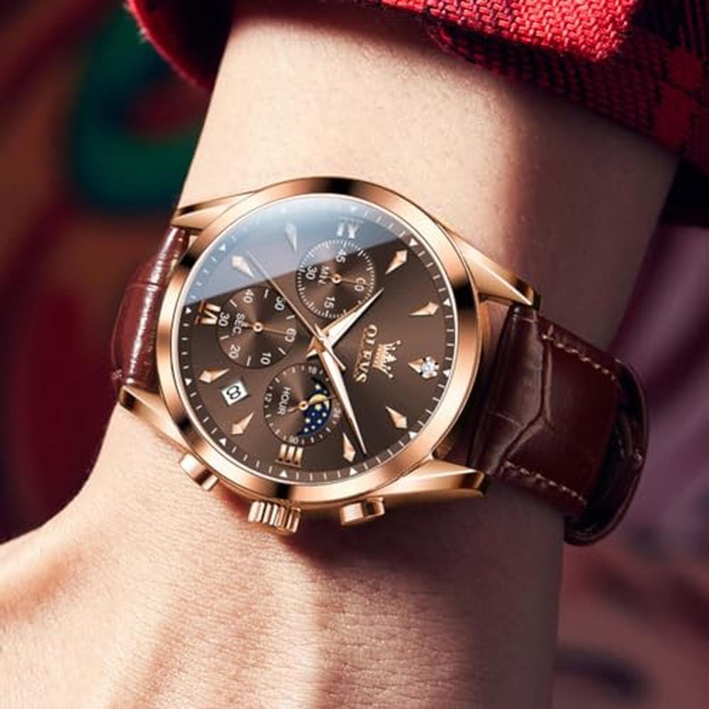 Watches Men: Olevs Brown Classic Multifunction Chronograph – Close-up Detail