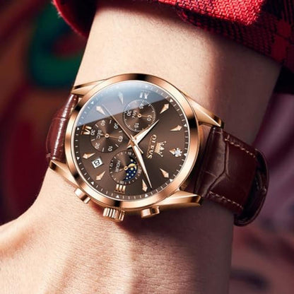 Watches Men: Olevs Brown Classic Multifunction Chronograph – Close-up Detail