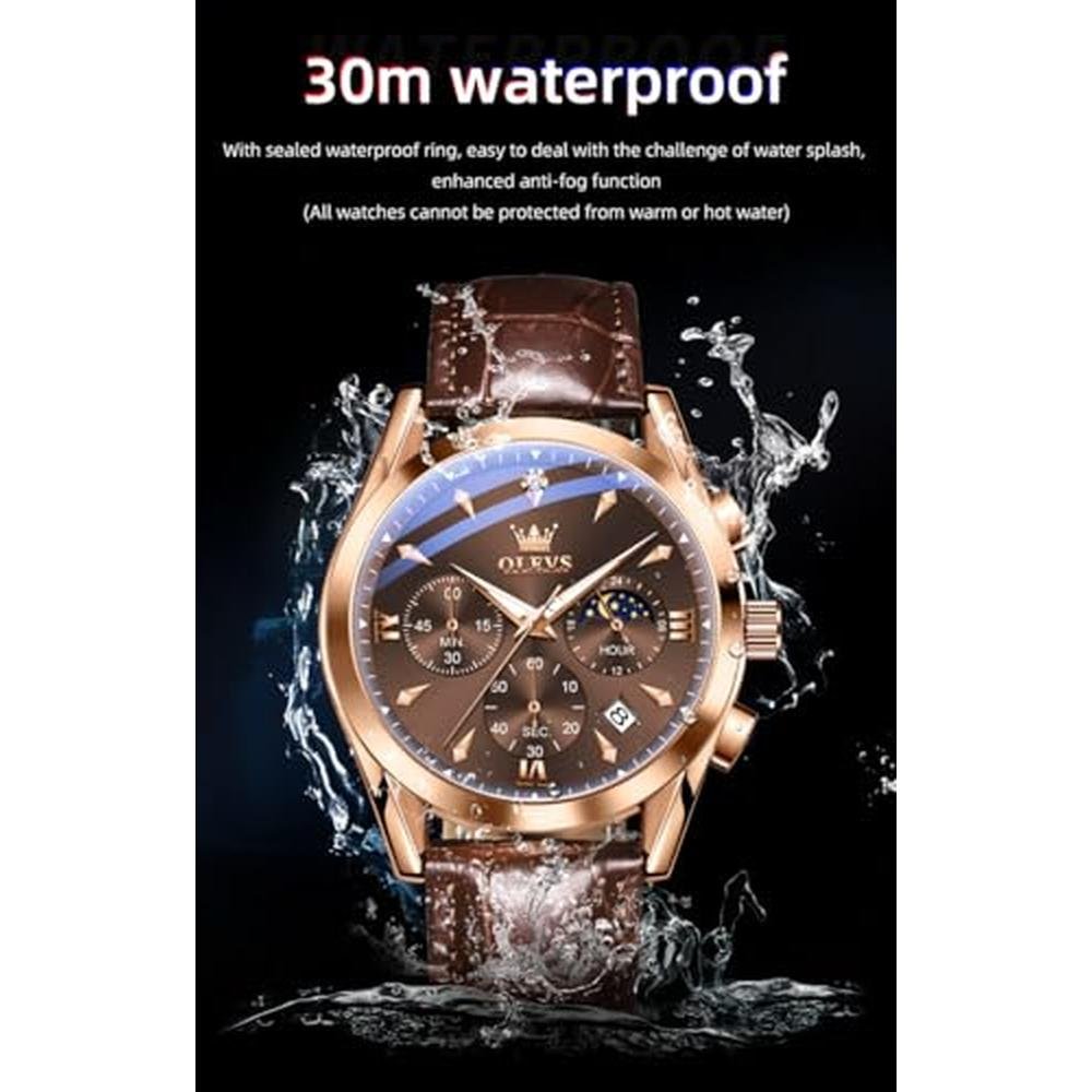 Watches Men: Olevs Brown Classic Multifunction Chronograph – In Use