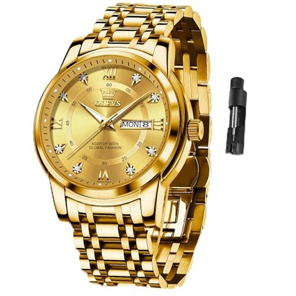 Gold Men Watches: Olevs Luxury Stainless Steel Man Watch – Front View