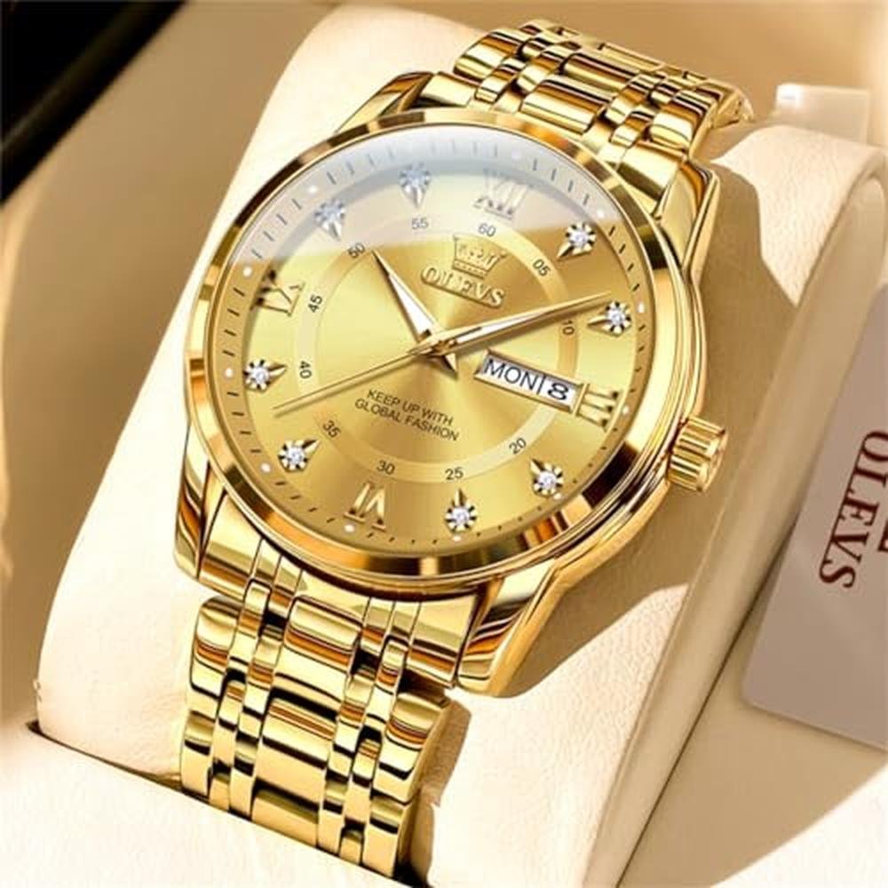 Gold Men Watches: Olevs Luxury Stainless Steel Man Watch – Side View